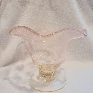 Depression Art Hand Blown Pink Pedestal Bubble Vase/Compote With Ruffled Edge